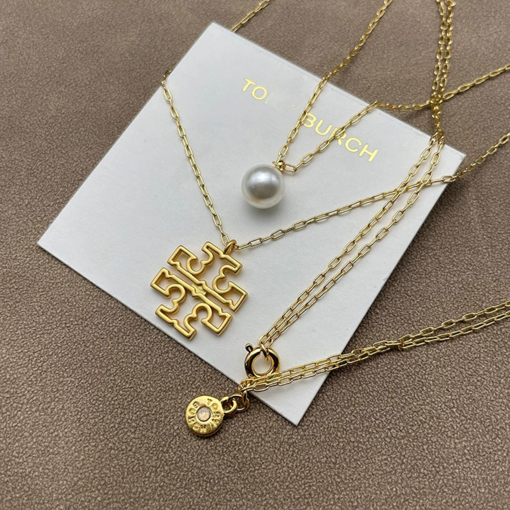 Tory Burch Double Layer Necklace Double Hollow Pendant Gold Plated Faux Pearl